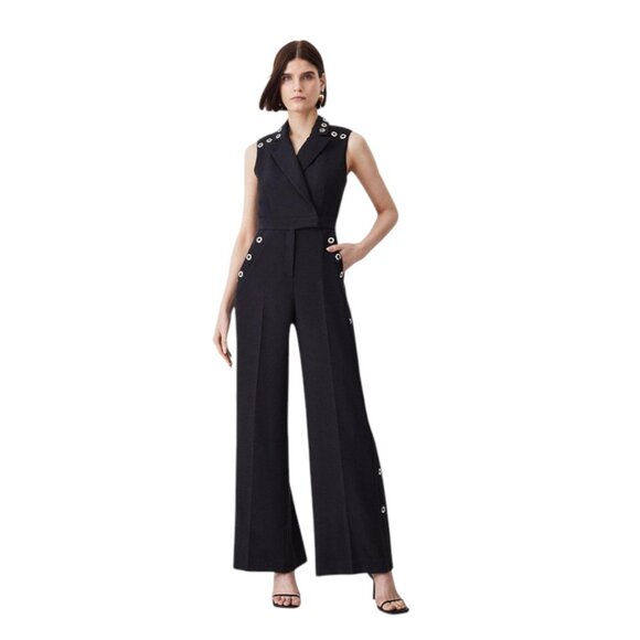 Karen Millen Black Jumpsuit Womens 6 Sleeveless Wide Leg Grommet Detail Chic - Picture 1 of 14